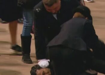 POLIS menahan Muhammad Khan yang cuba mendekati keranda Ratu Elizabeth II di Westminster Hall. - TWITTER