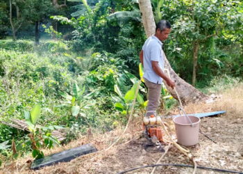 YSHABER Serat terpaksa mengepam air daripada parit kecil berdekatan rumahnya untuk mendapatkan air bagi kegunaan harian di Kampung Dusun Durian Kelompok, Titi Teras di Yan. – UTUSAN/OTHMAN YAHAYA