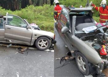 KERETA Proton Wira dinaiki mangsa yang bertembung dengan sebuah lori dalam kejadian di Batu 9, Jalan Labu, Seremban kira-kira pukul 1.30 petang tadi.
-GAMBAR/IHSAN BOMBA.