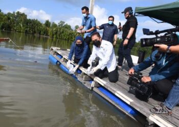 LIZA Long (kiri) dan Pegawai Daerah Lundu, Gustian Durani (kanan) melepaskan benih anak ketam pada Majlis Interaksi bersama Nelayan dan Program Pelepasan Benih Ketam Nipah, di Jeti Kampung Sampadi, Lundu di sini hari ini.