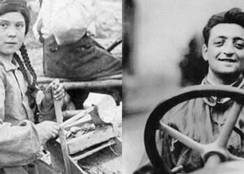 SEORANG remaja perempuan bekerja di lombong emas di wilayah Yukon, Kanada pada 1898 (kiri) dan Enzo Ferrari pada 1920 (kanan).
