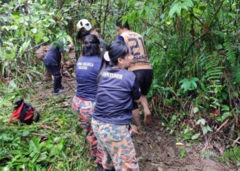 PASUKAN bomba dan penduduk kampung berusaha membawa semua mangsa cedera yang terhumban  ke dalam gaung di Jalan Borneo Highlands Resort, semalam.