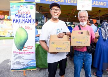 Penggemar Mangga Harumanis menunjukkan buah yang dibeli pada program Perlis Day @ Jualan Agro Madani di Ibu Pejabat FAMA Selayang, hari ini.