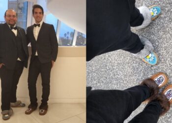 KELVIN Redvers (kanan) tidak dibenarkan berjalan atas karpet merah dalam festival Cannes hanya kerana memakai kasut tradisional orang asli. - AGENSI