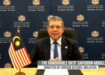 SAIFUDDIN Abdullah ketika berucap secara maya pada Mesyuarat Tertinggi UNGA Ke-76 bagi peringati Hari Penghapusan Senjata Nuklear Sedunia