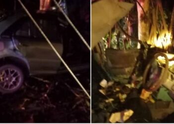 DUA beranak maut manakala tiga ahli keluarga yang lain cedera apabila kereta dinaiki mereka terbabit dalam nahas di Jalan Terachi-Tanjung Ipoh, Kuala Pilah awal pagi tadi. -GAMBAR/IHSAN BOMBA