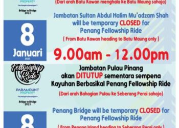 BEBERAPA jalan termasuk Jambatan Pulau Pinang dan JSAHMS akan ditutup sementara secara berperingkat Ahad ini (8 Januari) bagi memberi laluan kepada acara kayuhan berbasikal Penang Fellowship Ride.