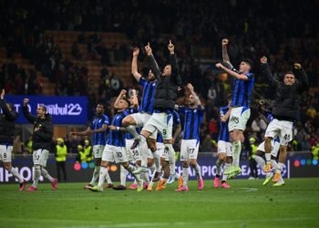PEMAIN Inter Milan meraikan kejayaan menewaskan AC Milan pada separuh akhir  Liga Juara-Juara di San Siro.