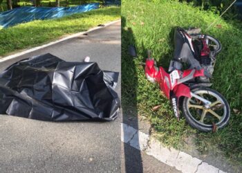 MOTOSIKAL dinaiki sepasang suami isteri dipercayai melanggar babi sebelum terbabas di Kilometer 2 Jalan Air Mawang - Renggoh, Kuala Pilah, pagi tadi.