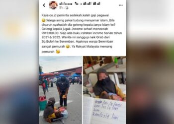 TANGKAP layar hantaran tular di Facebook mengenai peminta sedekah yang mampu meraih kutipan mencecah RM2,300 sehari dalam kejadian yang berlaku di Ampangan, Seremban, kelmarin.
