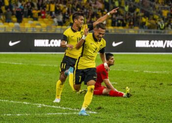 Faisal Halim meraikan gol kedua Malaysia ketika menentang Turkmenistan di Stadium Nasional Bukit Jalil.
