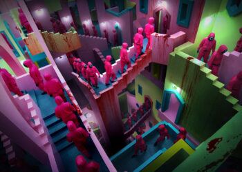 ANTARA adegan Squid Game memaparkan skuad bertopeng berjalan di dalam set berwarna-warni.-NETFLIX