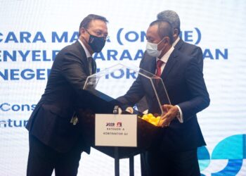 HASNI Mohammad (kiri) membuat cabutan undi secara maya untuk kerja-kerja penyelenggaraan jalan pihak berkuasa tempatan (PBT) seluruh negeri Johor di Bangunan Jaafar Muhammad, Kota Iskandar di Johor.