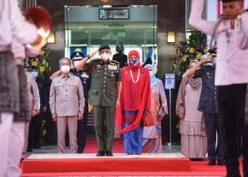 AL-SULTAN Abdullah Ri’ayatuddin Al-Mustafa Billah Shah memberi tabik hormat semasa  lagu Negaraku berkumandang pada majlis sambutan Hari Kebangsaan 2020 di Dataran Pahlawan Putrajaya hari ini. - IHSAN JABATAN PENERANGAN