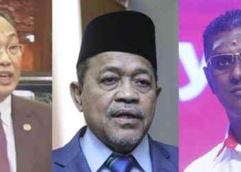 AWANG Solahuddin Hashim (kiri), Shahidan Kassim (tengah) dan RSN Rayer diarah keluar Dewan Rakyat ekoran pertikaian istilah 'bohong' dan 'tidak betul'.