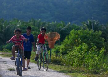 TIGA kanak-kanak mengisi masa lapang pada cuti sekolah dengan melakukan aktiviti menyauk anak ikan di tali air di Kampung Barat, Ajil, Terengganu. – UTUSAN/PUQTRA HAIRRY