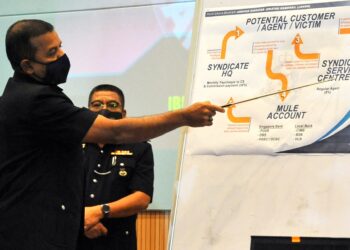 AYOB Khan Mydin Pitchay (kiri) menunjukkan modus operandi sindiket penipuan tawaran kerja sambilan sebagai ejen jualan e-dagang dalam sidang akhbar di  Johor Bahru, semalam. – UTUSAN/RAJA JAAFAR ALI