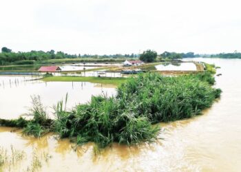 PARAS air Sungai Perak yang hampir melimpahi tebing berdekatan dengan kawasan kolam ternakan ikan di Kampung Gajah dekat Pasir Salak, Perak. - UTUSAN/AIN SAFRE BIDIN