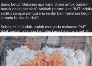 TANGKAP layar rungutan makanan RMT pengguna Facebook mempersoalkan peruntukan kerajaan menerusi program itu, baru-baru ini.