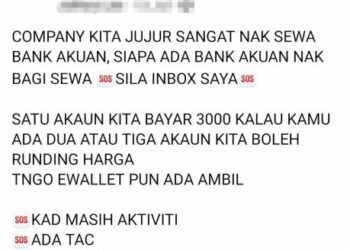 TANGKAP layar iklan mencari keldai akaun yang disiarkan menerusi laman sosial dan Fecebook.