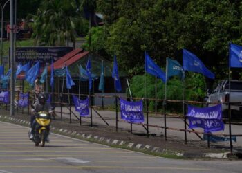 DERETAN bendera parti dipasang di sepanjang berhampiran Kampung Sungai Udang sempena PRN Melaka. - UTUSAN/AMIR KHALID