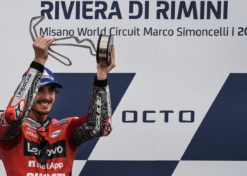 FRANCESCO Bagnaia meraikan kejayaan menjuarai Grand Prix San Marino di Litar Marco-Simoncelli, Misano, Itali  hari ini. - AFP