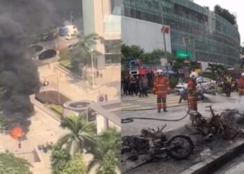 SEBANYAK 11 buah motosikal dan empat buah skuter elektrik musnah dalam kebakaran pada pukul 3.30 petang, 13 April lalu di tempat meletak motosikal hadapan Suria KLCC, Jalan Ampang, Kuala Lumpur.