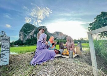 PENGUNJUNG mengambil kesempatan berkelah di kawasan sawah padi menghijau yang berlatar belakangkan Bukit Chuping di Kampung Balik Bukit, Chuping, Perlis semalam.- UTUSAN/MOHD. HAFIZ ABD. MUTALIB