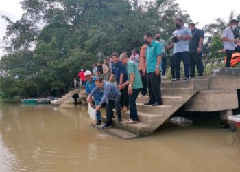 MEOR Redwan Mahayuddin melepaskan benih udang galah dan ikan lampam ke Sungai Perak di Kampung Sungai Dulang di Teluk Intan baru-baru ini. - UTUSAN/AIN SAFRE BIDIN