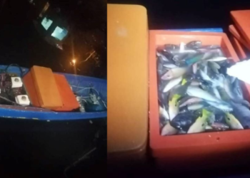 BOM pam yang ditinggalkan suspek di perairan Tanjung Wokong di Kota Kinabalu semalam dan (kanan) ikan yang dipercayai ditangkap menggunakan bahan letupan.-IHSAN Maritim