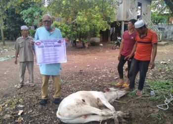 KAMARUDDIN Ariffin Idris (memegang plakad) menyumbangkan ternakan korban di Kampung Mimai Semai, Daerah Ponyekrek, Wilayah Tbongkhmom di Kemboja. - UTUSAN /HARIS FADILAH AHMAD