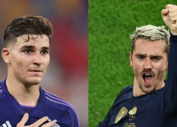 JULIAN Alvarez (kiri) dan Antoine Griezmann.