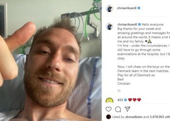 Christian Eriksen masih dipantau di hospital selepas mengalami serangan jantung.
