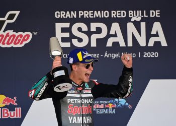 PENUNGGANG Petronas Yamaha SRT, Fabio Quartararo meraikan kejayaan muncul juara MotoGP pada Grand Prix Sepanyol di Jerez, hari ini. - AFP