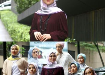 Nurshuhada Zainal (baju ungu) bersama model-model yang mengayakan tudung rekaannya untuk projek Qraft yang dilancarkan baru-baru ini.
