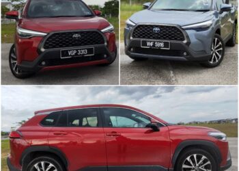 Konvensional (kiri dan bawah) vs. hidbrid. Tanpa melihat label ‘hybrid’, secara luaran agak sukar untuk membezakan kedua-dua model  Toyotal Corolla Cross 1.8 ini.