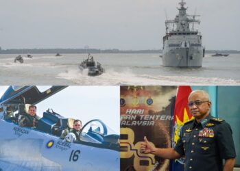 Kapal KD Lekiu pada Operasi Benteng Khas baru-baru ini. (Bawah kanan) Affendi Buang (Kiri) Ackbal Abdul Samad  beraksi menerbangkan pesawat SU-30 MKM.