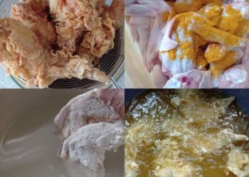 Masukkan ayam bersalut tepung ke dalam air beberapa saat sebelum digoreng.