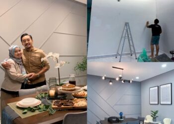 Norfaizah Mohd. Esa bersama suami, Mohamad Aliff Hakim Jais menunjukkan projek DIY accent wall yang dibuat sendiri.