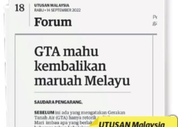 KERATAN akhbar Utusan Malaysia 14 September 2022.