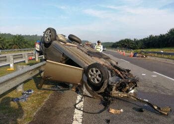 KEADAAN kereta dipandu Mohd. Ridzuan Mohd. Yaacob yang terlibat dalam kemalangan di Kilometer 267.1, LPT2 selepas Hentian Rawat dan Rehat Perasing, Kemaman, petang tadi.