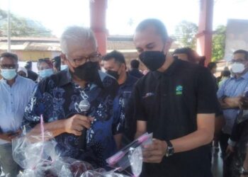 HAMZAH Zainuddin (kiri) meninjau gerai pada program Jualan Keluarga Malaysia di Ijok, Selama di Larut, Perak, hari ini. - FOTO/WAT KAMAL ABAS