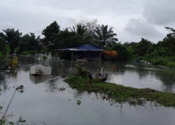 SEBUAH rumah penduduk yang dilanda banjir di Kampung Perpat, Tanjung Sedili, Kota Tinggi.