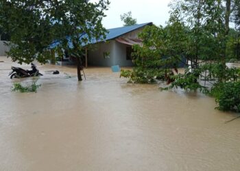 KEADAAN rumah penduduk yang  masih digenangi banjir di Kampung Seberang Batu Badak, Segamat.