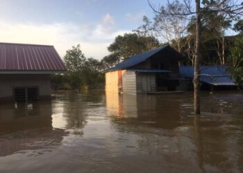 BANJIR termenung masih menenggelamkan rumah penduduk di Kampung Seberang Batu Badak, Segamat.