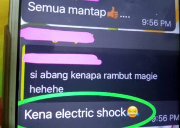 TANGKAP layar mesej Saiful Asraf Mukhtar Saiful Khair yang menyatakan rambutnya terkena renjatan elektrik dalam kumpulan WhatsApp keluarga bulan lalu.