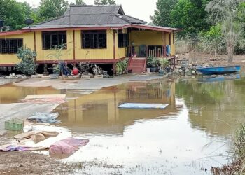 KEADAAN banjir di Kampung Pogoh, Segamat semakin pulih namun halaman rumah seorang penduduk masih digenangi air.