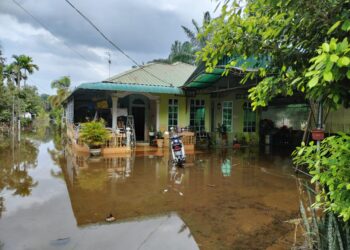 KEADAAN banjir termenung di hadapan sebuah rumah penduduk di Pekan Sri Gading, Batu Pahat.