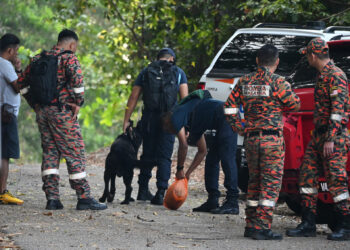 UNIT K-9 PDRM dan JBPM bersiap sedia mengesan seorang lelaki yang sesat sewaktu menjalankan aktiviti pendakian di Bukit Beruang, Melaka. - UTUSAN/AMRAN MULUP