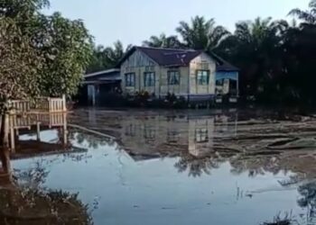 HALAMAN sebuah rumah di Kampung Sri Mendapat di Parit Raja, Batu Pahat yang masih digenangi banjir termenung.